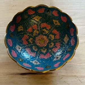 Vintage enamel and brass cloisonné turquoise and pink decorative bowl trinket